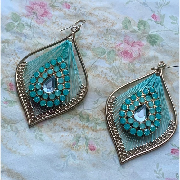 Stunning Blue Green Thread & Rhinestones Large Bohemian Earrings Woman’s Jewelry - Picture 1 of 5